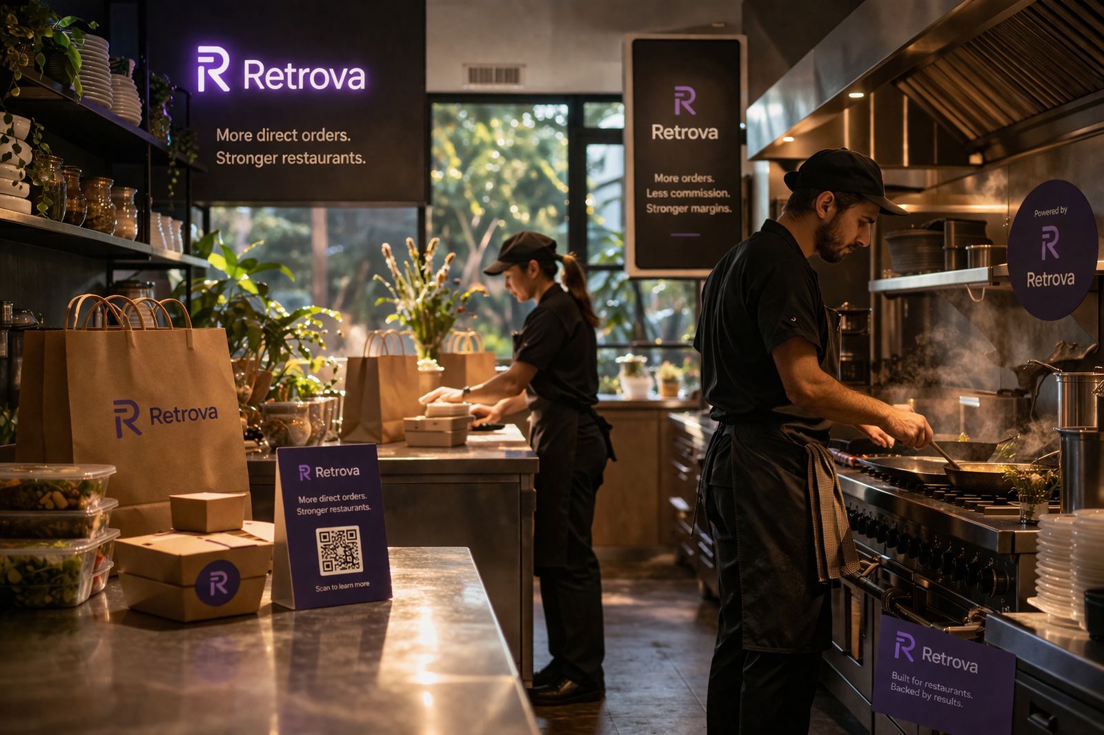 A restaurant kitchen during service, with Retrova branded packaging and signage